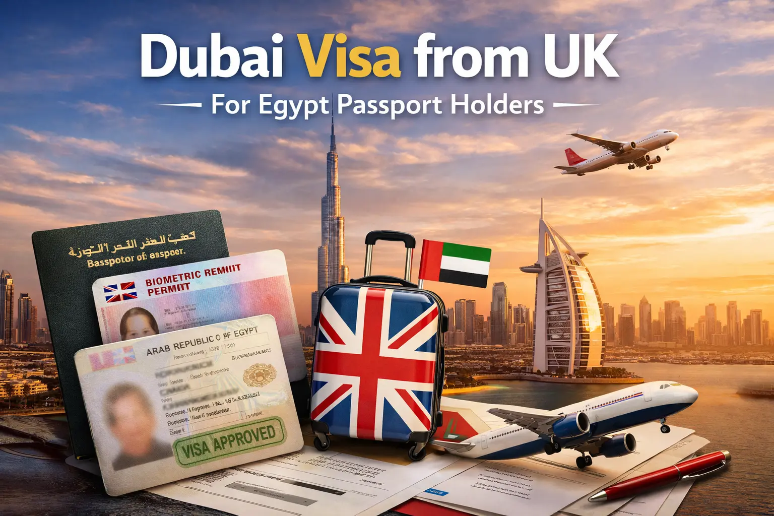Dubai visa for Egypt passport holders from UK – Egyptian passport, UK Biometric Residence Permit, Union Jack suitcase, Dubai skyline with Burj Khalifa and Burj Al Arab, planes flying, and documents with visa approval stamp.