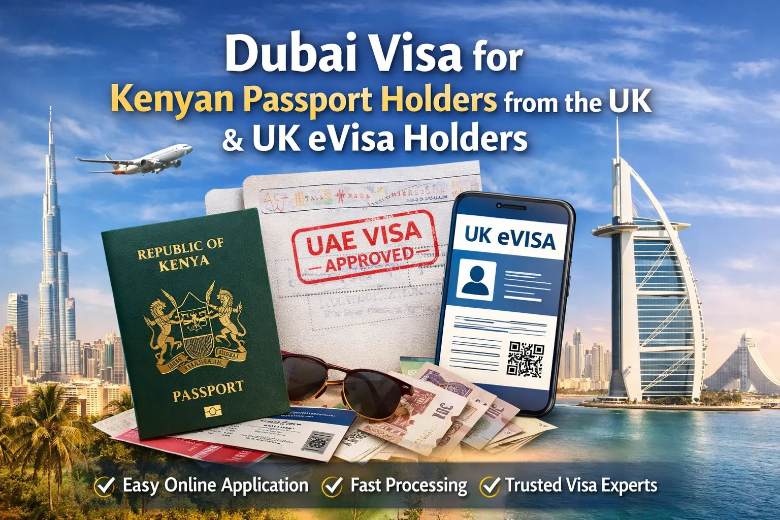 Dubai visa for Kenyan passport holders and UK eVisa holders — fast online application with Dubai skyline in the background.