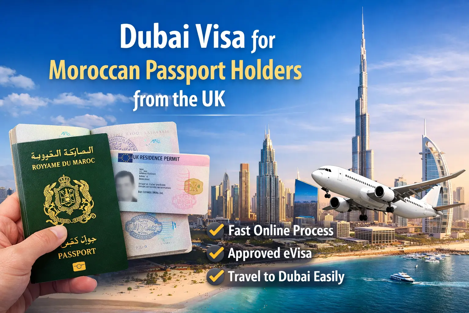 Dubai visa for Moroccan passport holders from the UK – image showing a Moroccan passport and UK residence permit held in hand, with the Dubai skyline in the background including Burj Khalifa and Burj Al Arab, a plane flying overhead, and text highlighting fast online process, approved eVisa, and easy travel to Dubai.