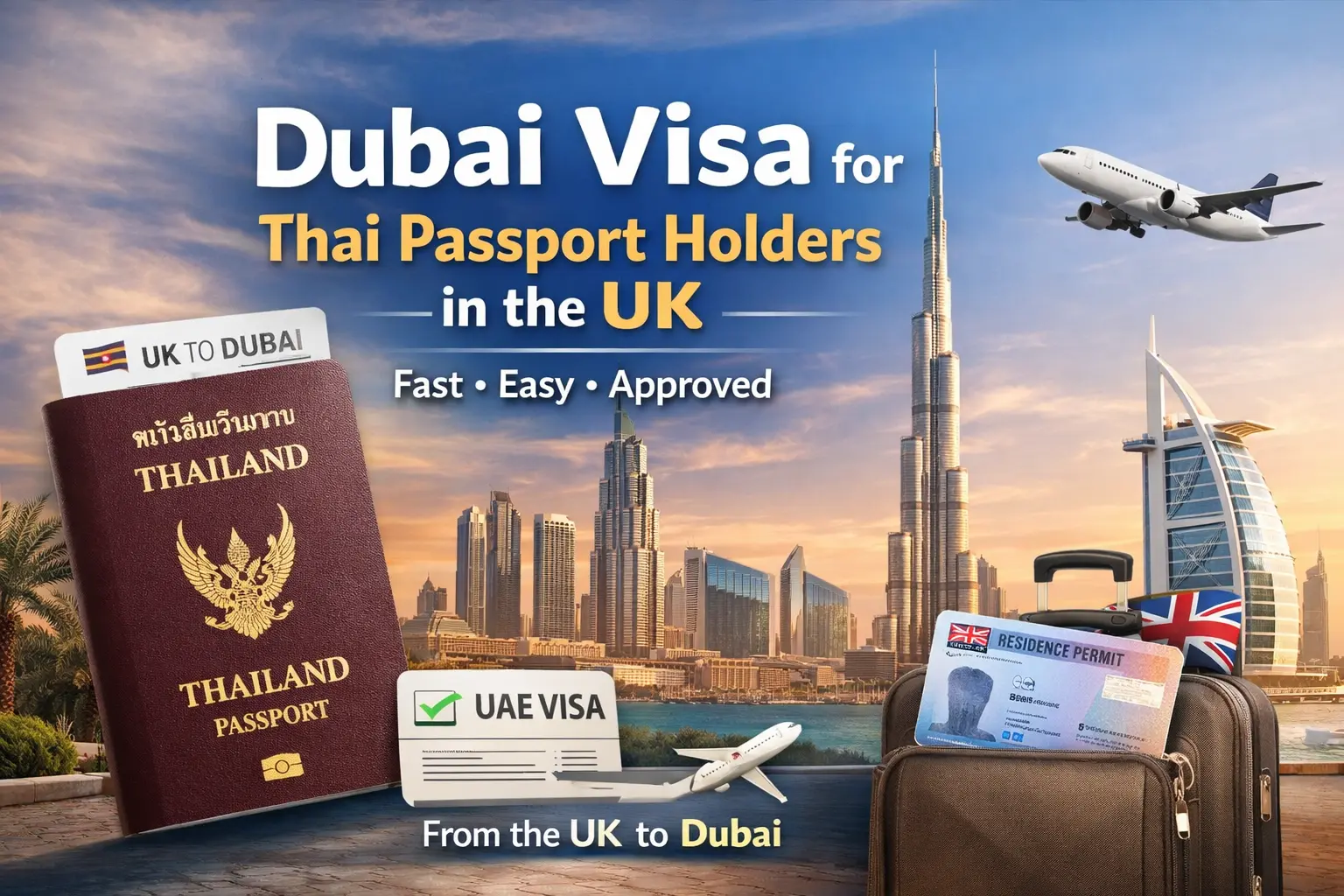Dubai visa service for Thai passport holders in the UK – Dubai skyline with Burj Khalifa and Burj Al Arab, Thai passport, UK residence permit, suitcase with UK flag, airplane flying, and UAE visa icon highlighting fast and easy visa application from the UK to Dubai.