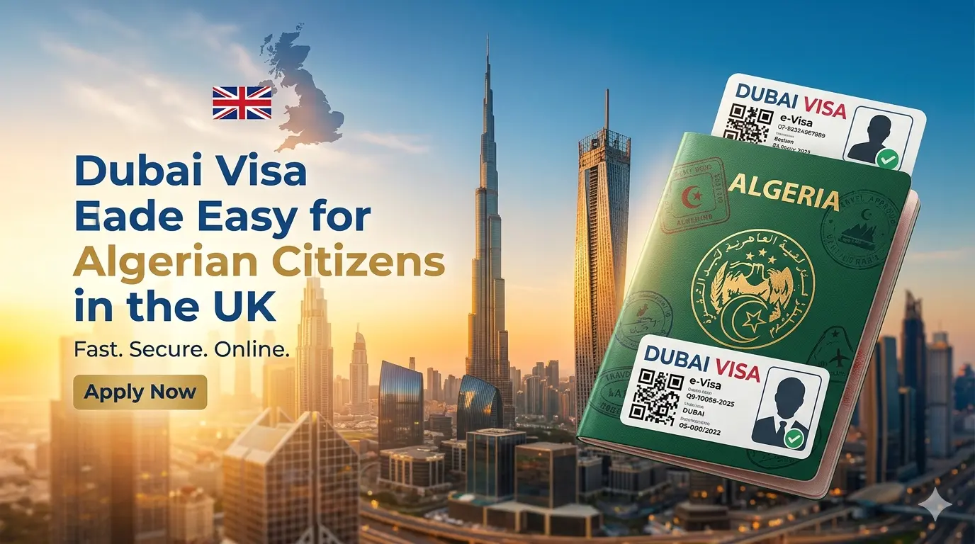 Alt Text for Landing Page Image Description: A professional widescreen hero image featuring a green Algerian passport in the foreground, angled dynamically with an "e-Visa" document and stamp overlay. To the left, clean modern text reads, "Dubai Visa Made Easy for Algerian Citizens in the UK," positioned above an "Apply Now" button. The background showcases a sun-drenched Dubai skyline at golden hour, including the Burj Khalifa, with a subtle Union Jack flag and UK map icon in the upper-left corner to signify UK residency.