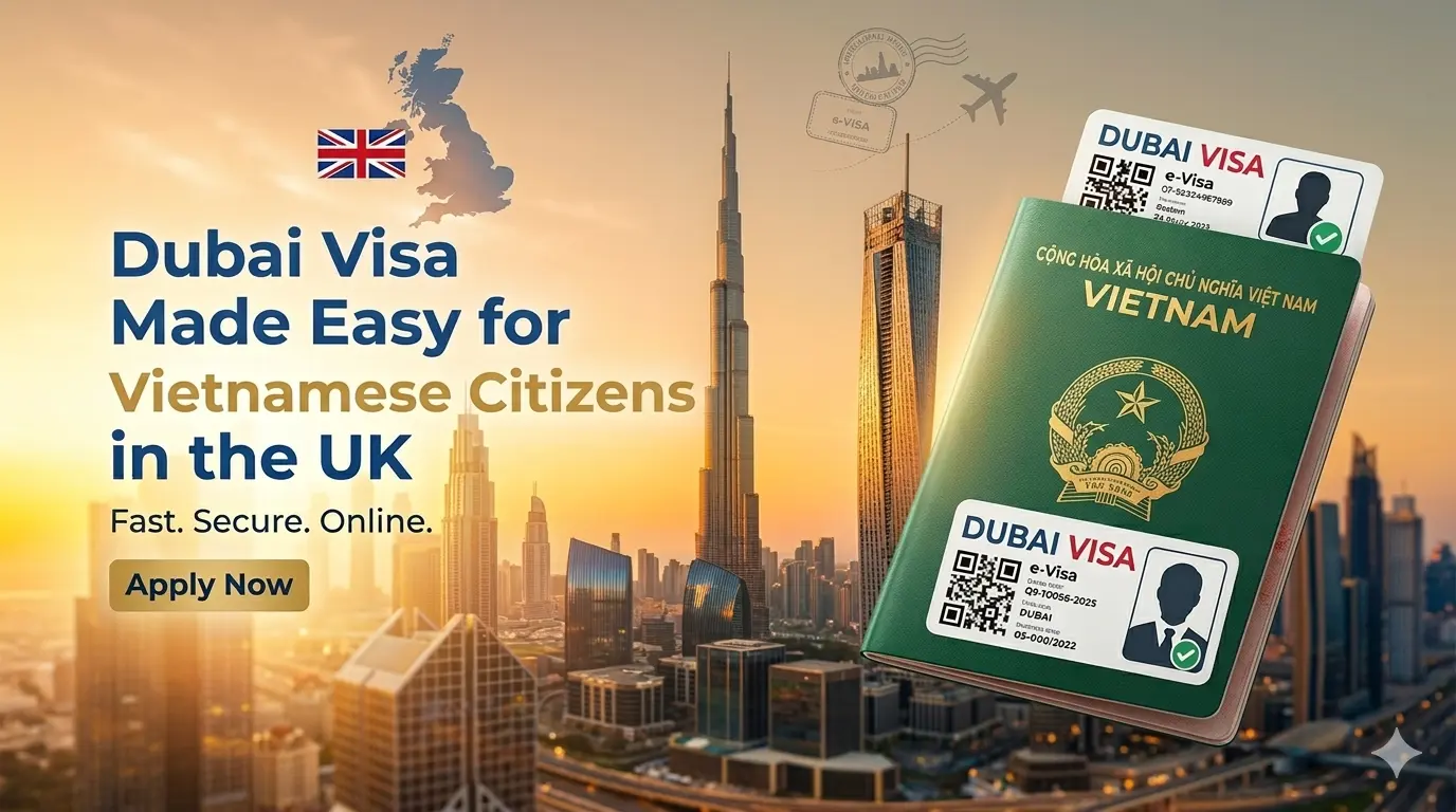 A professional landing page hero image with a warm, sun-drenched Dubai skyline, featuring the Burj Khalifa, during sunset. On the left side, a stylized United Kingdom map and a Union Jack flag are displayed above clean text that reads: "Dubai Visa Made Easy for Vietnamese Citizens in the UK" and "Fast. Secure. Online." with an "Apply Now" button below. On the right, a detailed, green Vietnamese passport is presented with its national emblem and the text "CỘNG HÒA XÃ HỘI CHỦ NGHĨA VIỆT NAM VIETNAM." A stylized Dubai e-Visa document with a QR code and placeholder details is attached to the passport, and a second, partial visa slip is placed just behind it. Substantial travel visa stamp graphics are visible in the top center.